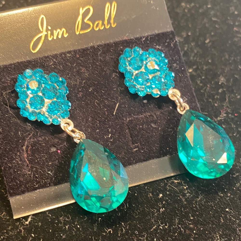 Jim Ball Teal Crystal Teardrop Earrings